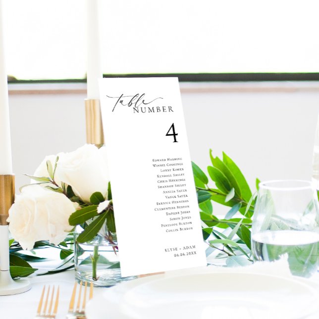 Ellesmere Minimalist Bordsnr Med Gästnamn Meny (Ellesmere Wedding Table Numbers with Guest Names Seating Chart Cards)