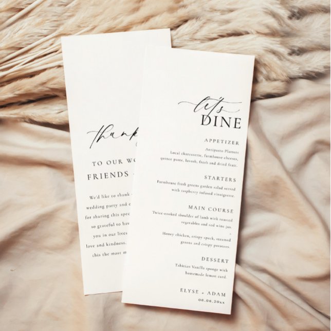 Ellesmere Minimalist Bröllop Long Menu & Tack Meny (Minimalist wedding menu and thank you card)