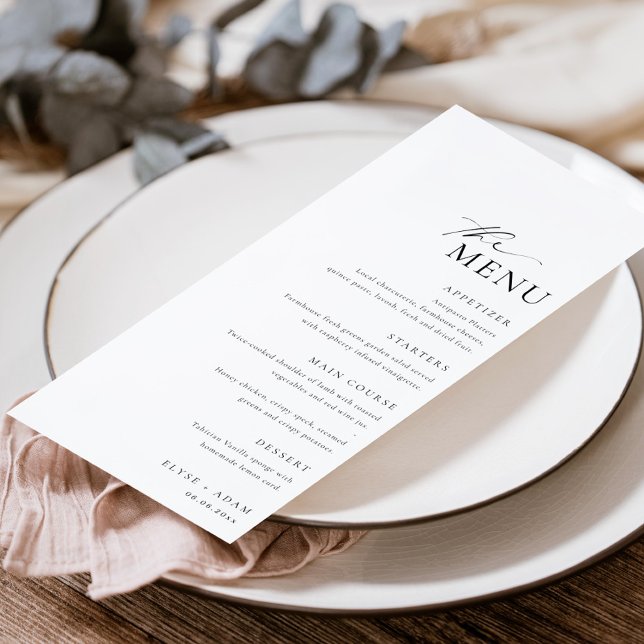 Ellesmere Minimalist Bröllop Long Menu & Tack Meny (Minimalist wedding dinner menu and thank you card)