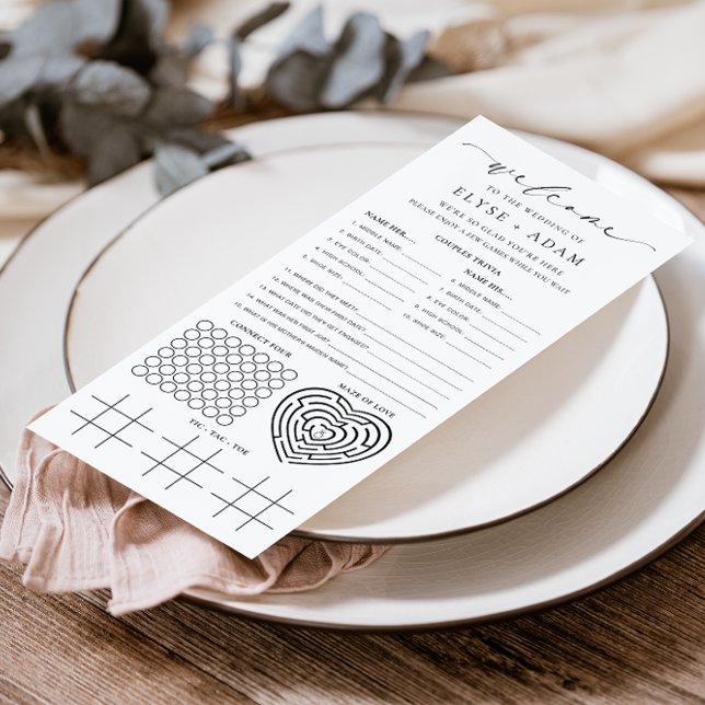 Ellesmere Minimalist Bröllop Quiz och Meny (Wedding Quiz and Menu_Ellesmere White)
