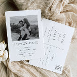 Ellesmere Modern Minimalist Photo Save Date Vykort<br><div class="desc">Ellesmere Bröllop spara datum-kortet har en modern minimalistisk design med ett handskrivet skript på vit bakgrund för ett rent och enkelt utseende. Skriptrubrikerna är en bild som inte kan redigeras. All annan text är helt redigerbar. Om du vill göra en mer avancerad anpassning av den här designen väljer du bara...</div>