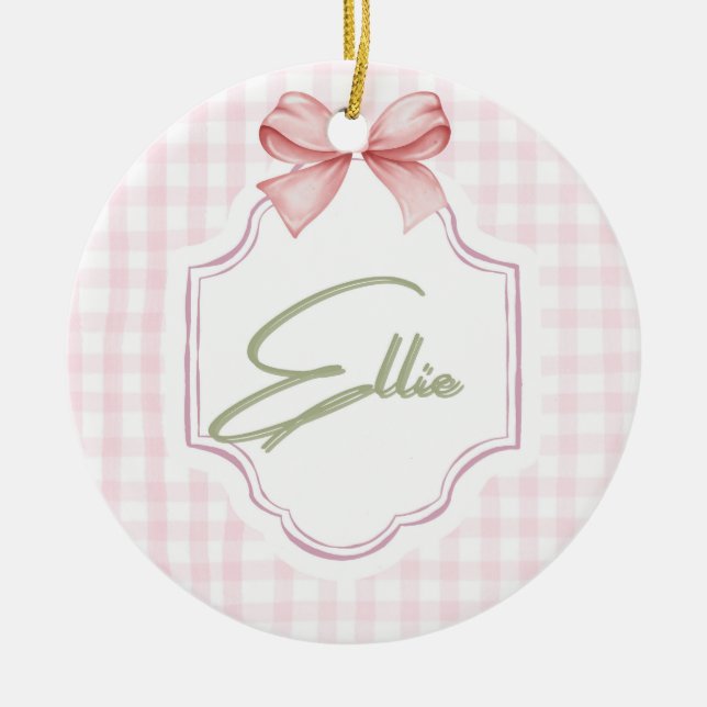Ellie Personlig Rosa Bow & Gingham Skriv ut Julgransprydnad Keramik (Framsidan)