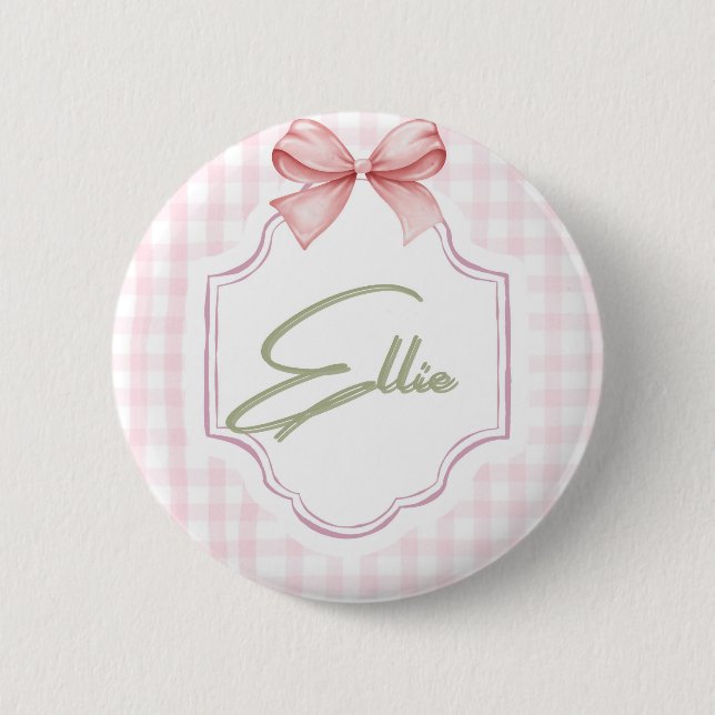 Ellie Personlig Rosa Bow & Gingham Skriv ut Knapp (Framsida)