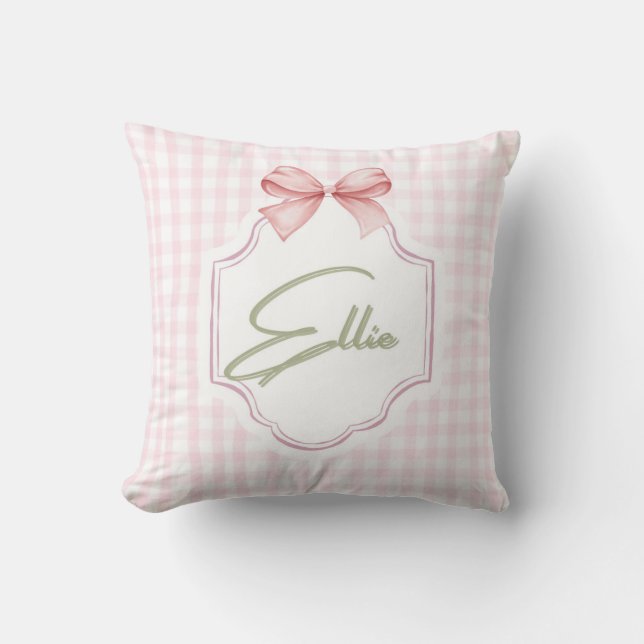 Ellie Personlig Rosa Bow & Gingham Skriv ut Kudde (Framsida)
