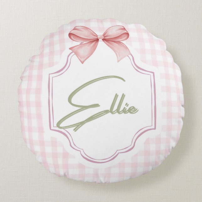 Ellie Personlig Rosa Bow & Gingham Skriv ut Rund Kudde (Framsidan)