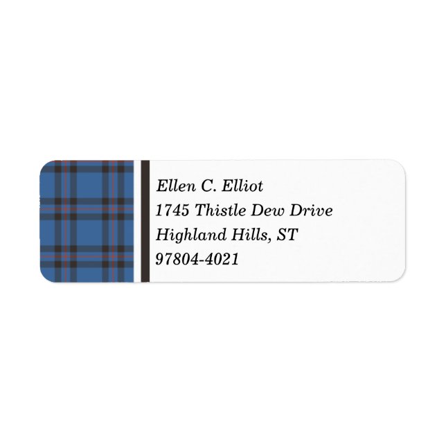 Elliot Klan Blue och Brown Scottish Tartan Returadress Etikett (Framsidan)
