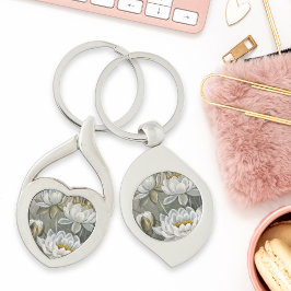 Ellis Rowan White Vatten Lily Vintage Flowers Twisted Heart Silverfärgad Nyckelring