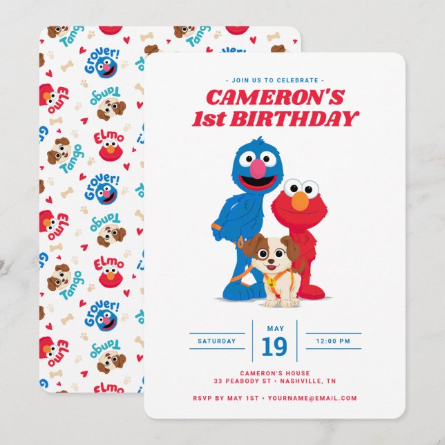 Elmo, Grover & Tango Birthday-inbjudan Inbjudningar (Fram/baksida)
