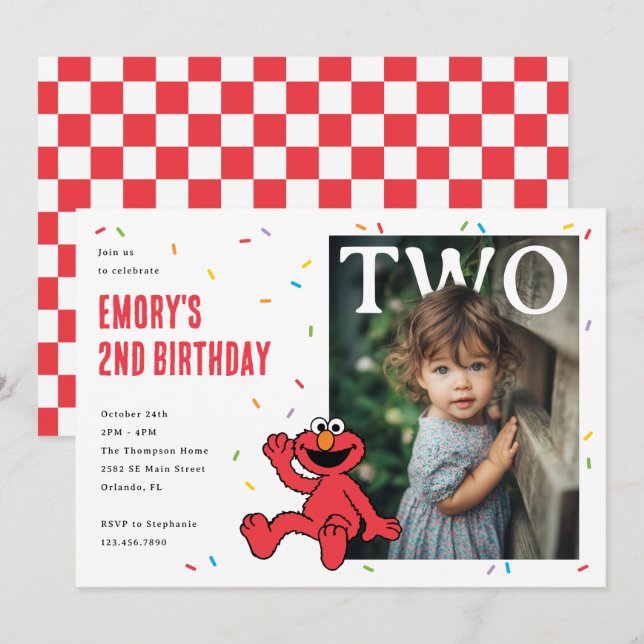 Elmo Red Confetti Second Birthday Inbjudningar (Fram/baksida)
