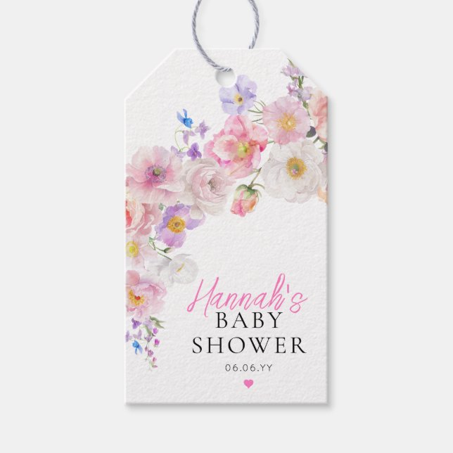 Eloise Rosa Blommig Bebis Shower Presentetikett (Framsidan)