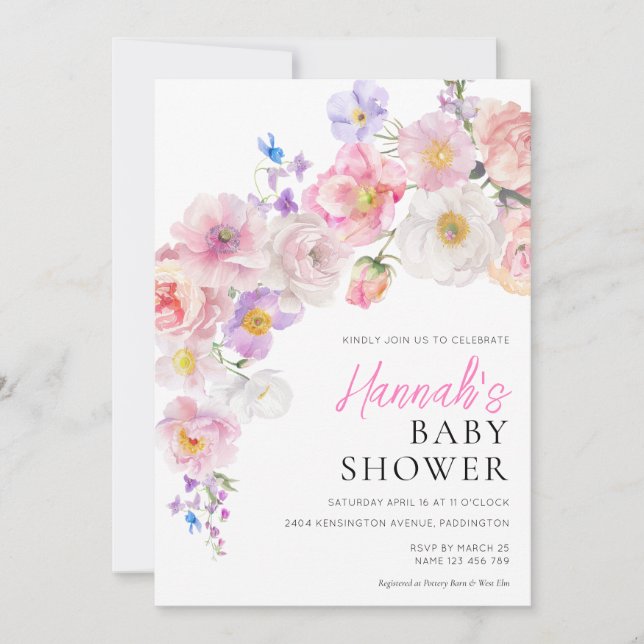 Eloise Rosa Blommigt Baby Shower Inbjudningar (Framsida)