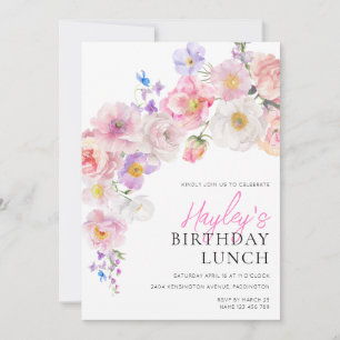 Eloise Rosa Blommigt Birthday Lunch Inbjudningar