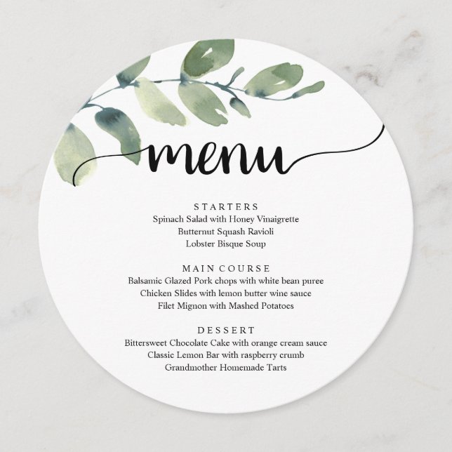 Elopement Dinner Modern Rustic Eucalyptus Greenery Meny (Framsida)
