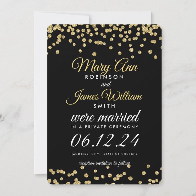Elopement Guld Faux Glitter Confetti Black Inbjudningar (Framsida)