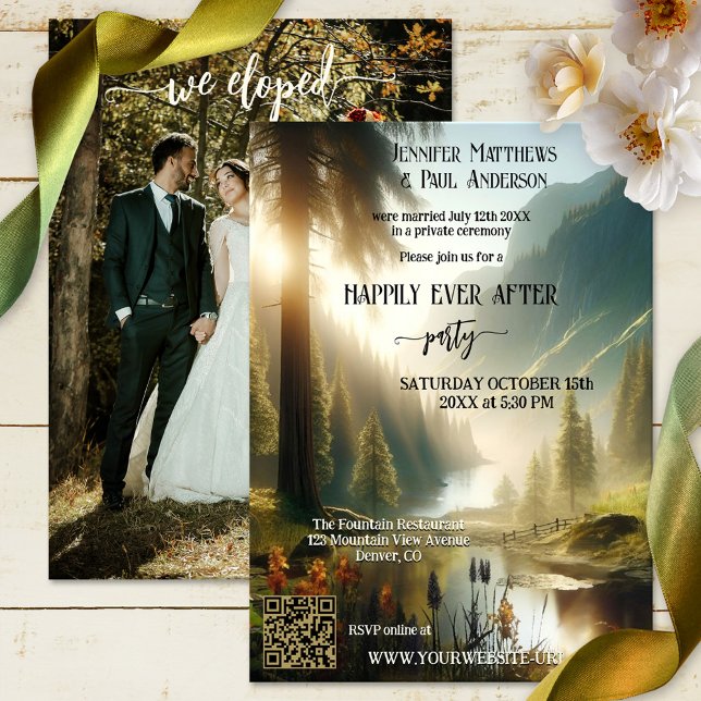 Elopement lyckligtvis allt efter foto från Bröllop Inbjudningar (Happily ever after wedding invitation featuring your photo and an enchanted forest in the mountains)