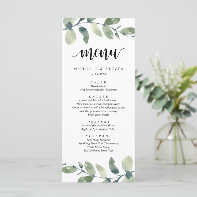 Elopement-middagen Eucalyptus Greenery Bröllop Meny (Stående Fram)