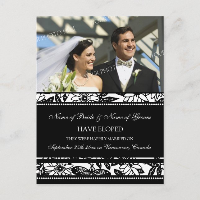 Elopement Notification Photo Postcards Black White Meddelande Vykort (Framsida)