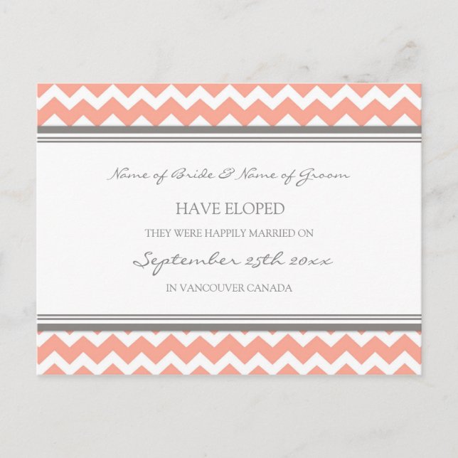 Elopement Notification Postcards Coral Grått Meddelande Vykort (Framsida)