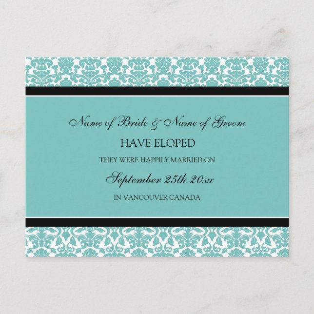 Elopement Notification Postcards Teal Damask Meddelande Vykort (Framsida)