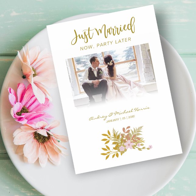 Elopement Photo Wedding Elegant Floral Fake Golden Inbjudningar (Skapare uppladdad)