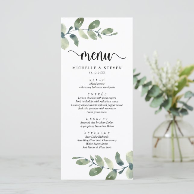 Elopementmiddag i Eucalyptus Modern Rustic Bröllop Meny (Stående Fram)