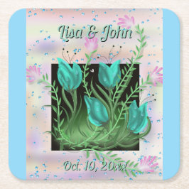 Eloquent Teal Flowers Bröllop Underlägg Papper Kvadrat