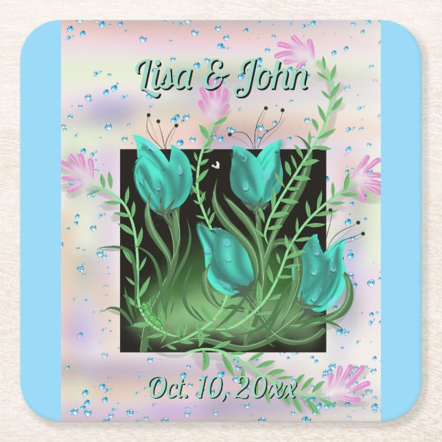 Eloquent Teal Flowers Bröllop Underlägg Papper Kvadrat (Framsidan)