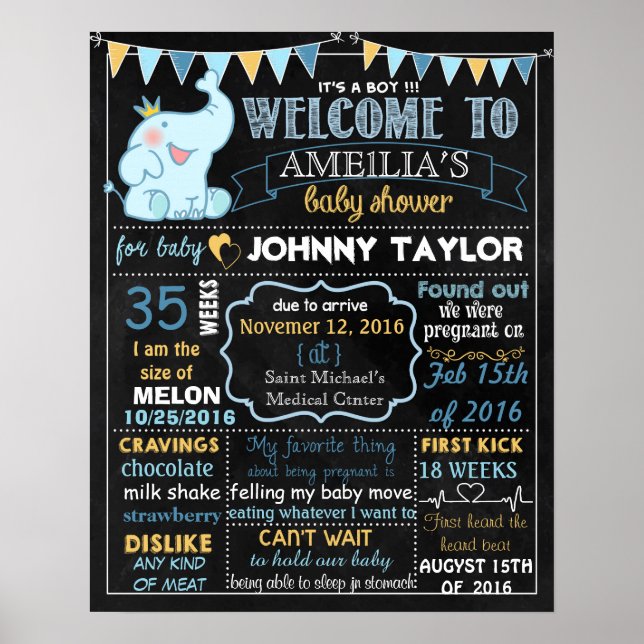 Elphant Baby Shower Party chalkboard-skylt Boy Poster (Framsidan)