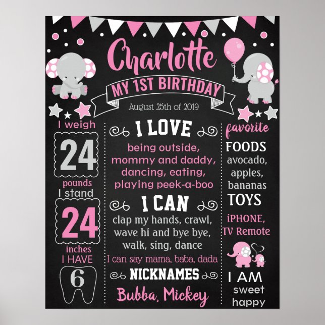 Elphant First Birthday chalkboard-skylt Poster (Framsidan)