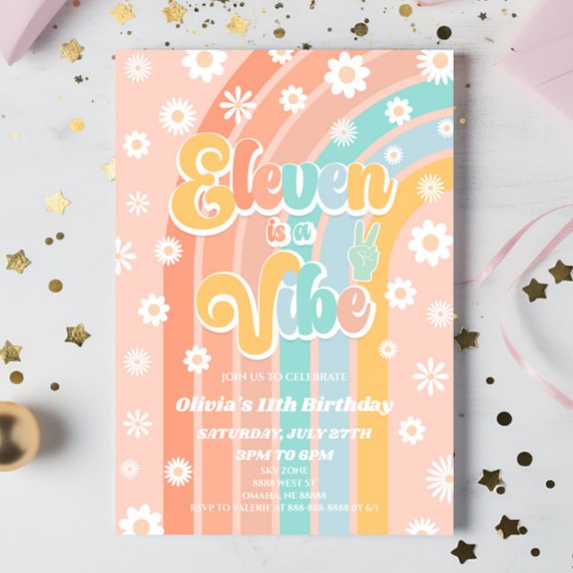 Elva är en Daisy för vibe Rainbow 11:e Födelsedags Inbjudningar (Skapare uppladdad)