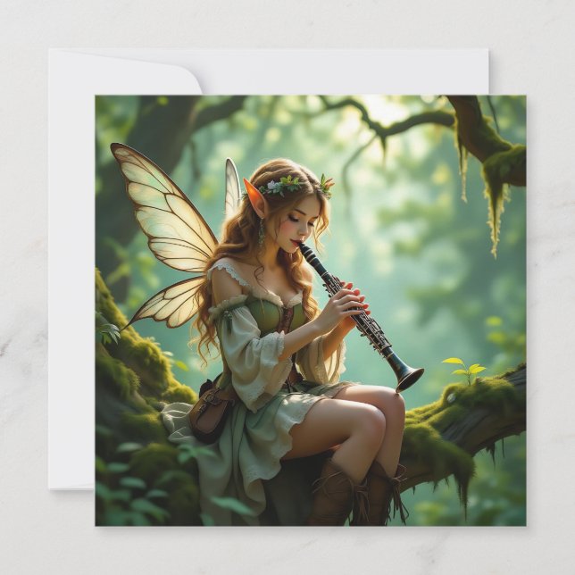  Elven Fairy Playing Clarinet in Enchanted Forest Kort (Framsida)