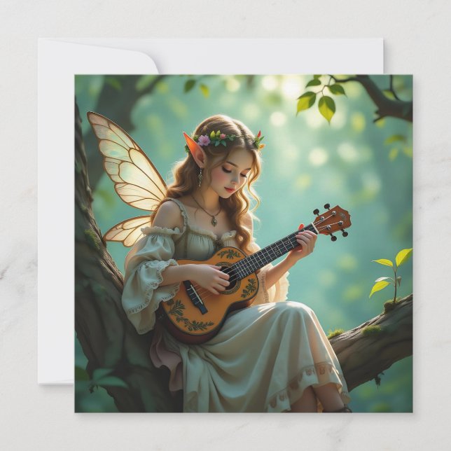  Elven Fairy Playing Ukulele in Enchanted Forest Kort (Framsida)