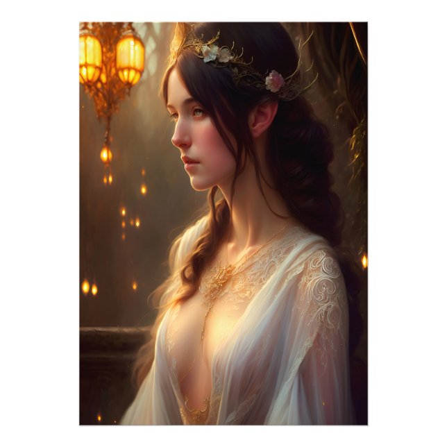 Elven Princess i White Snöre Dress Fototryck (Framsidan)