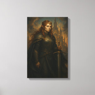 Elven Warrior Queen i Armor med Krona och Sword Canvastryck
