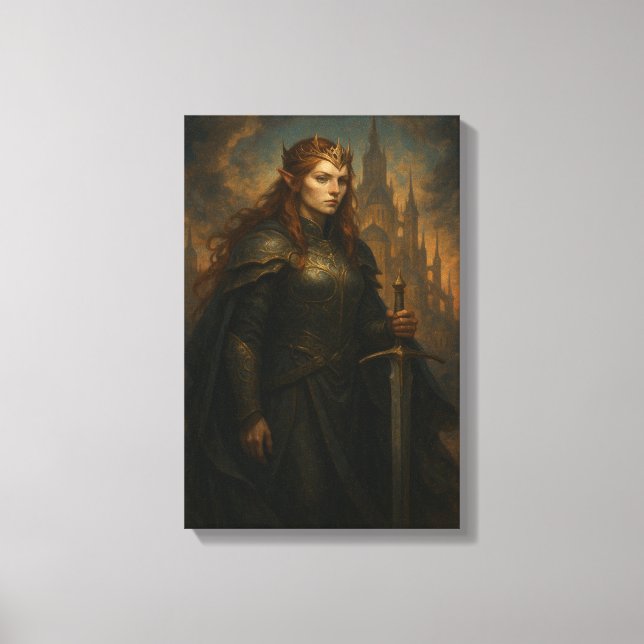 Elven Warrior Queen i Armor med Krona och Sword Canvastryck (Framsida)