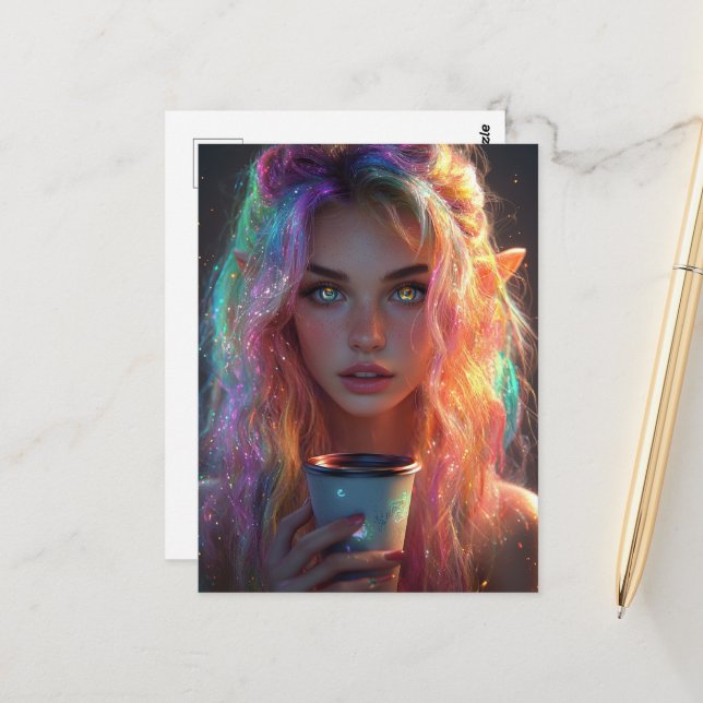 Elven Woman med kaffe Vykort (Fram/Back In Situ)