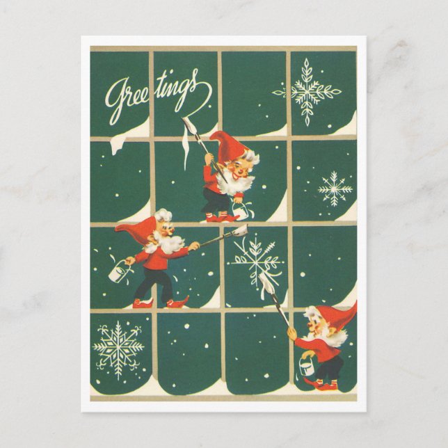 Elves Christmas Holiday Decorating Window Retro Vykort (Framsida)