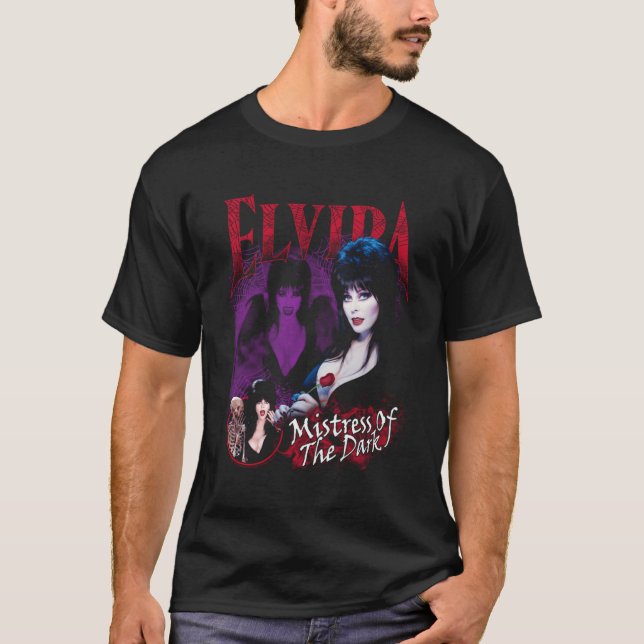 Elvira Älskarinna vid Mörkens Lila och Röd T Shirt (Framsida)