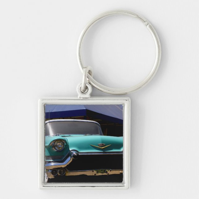 Elvis Presleys gröna cabriolet i Fyrkantig Silverfärgad Nyckelring (Framsidan)