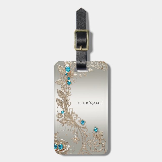 Embelling Guld Blue Stones Luggage Tag Bagagebricka (Vertikal Framsida)