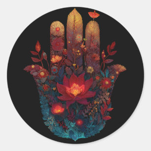 Ember Lotus Hamsa Hand Design Runt Klistermärke