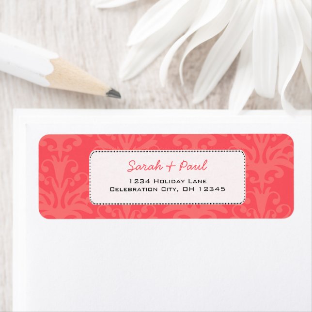 Emberglow Pinkish Coral Damask Returadress Etikett (Insitu)
