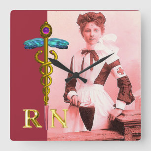 Emblem för VINTAGESJUKSKÖTERSKA- och guldCaduceus Fyrkantig Klocka