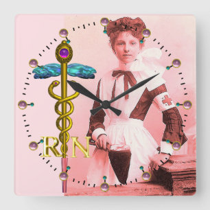 Emblem för VINTAGESJUKSKÖTERSKA- och guldCaduceus Fyrkantig Klocka