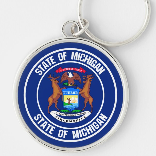 Emblem från Michiganrundan Rund Silverfärgad Nyckelring (Framsidan)