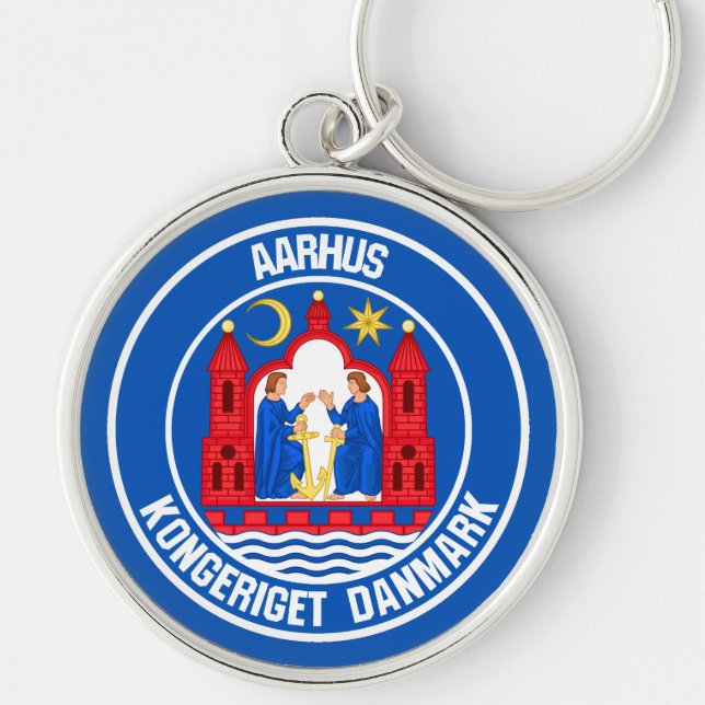 Emblem i Århus Round Rund Silverfärgad Nyckelring (Framsidan)