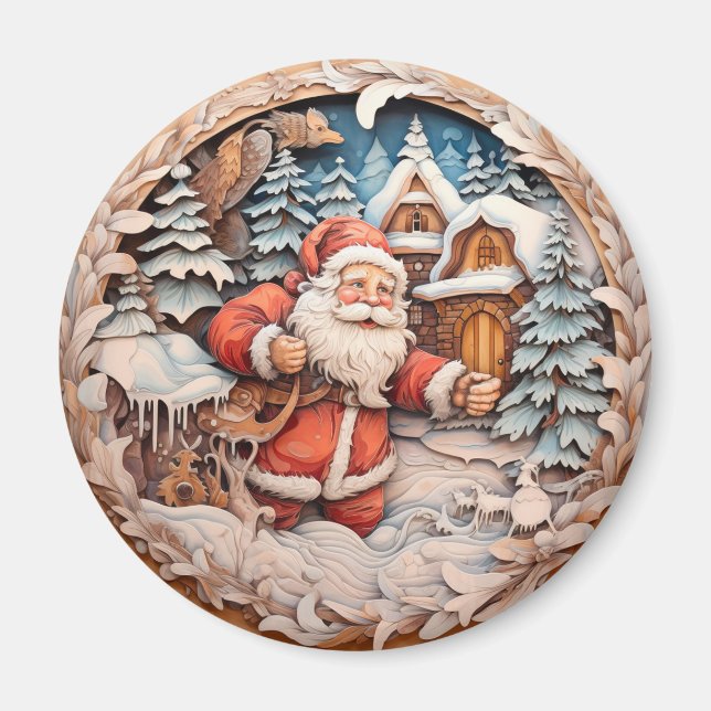 Embossad Jultomten med skuldersäck på vintern Magnet (Framsidan)
