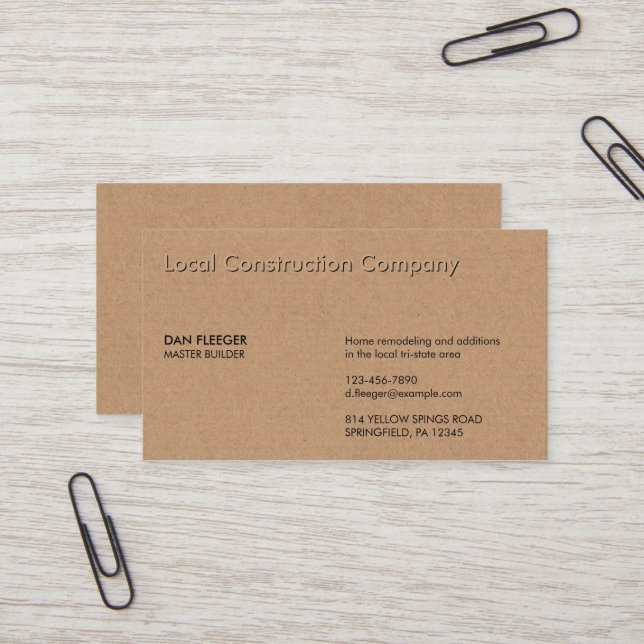 Embossed Construction Business Namn Faux Kraft Visitkort (Fram/Back In Situ)