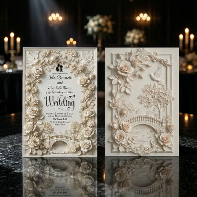 Embossed Faux Stone Romantic Black-Tie Wedding Inbjudningar (Skapare uppladdad)