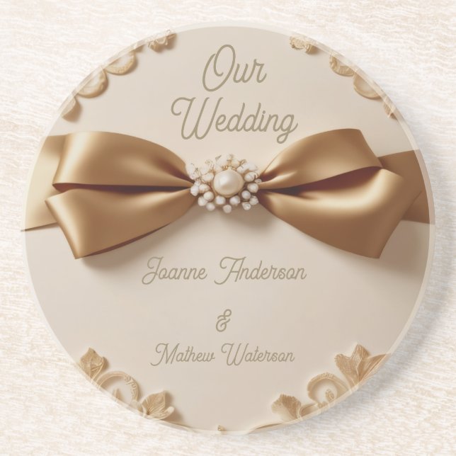 Embossed Floral Wedding Invitation – Satin Bow & G Underlägg (Framsidan)